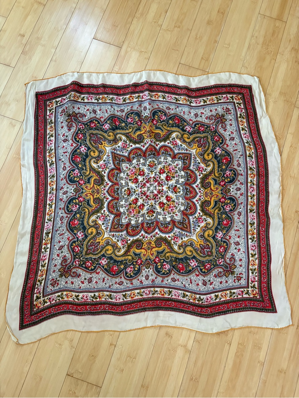 Vintage Silk Floral Paisley Scarf in Cream, Red, Green & Gold
